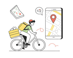 Delivery Person Riding Bicycle with Food Order and Smartphone App