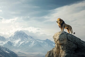 Obraz premium Big lion king of beasts standing on the edge of a cliff