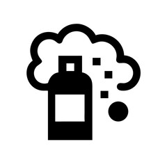 Spray bottle with vapor cloud and particles in black silhouette  