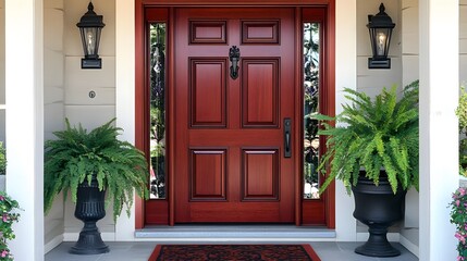 Fototapeta premium Elegant Mahogany Front Door with Ferns in Urns