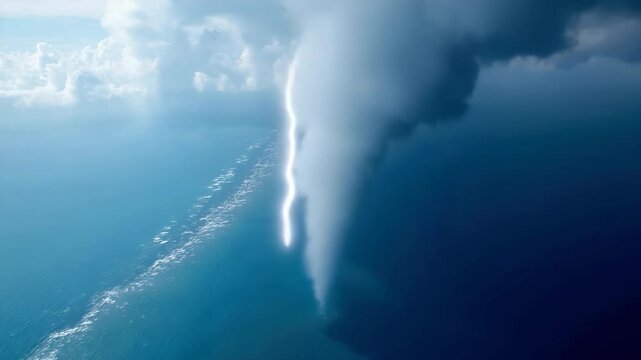 Dramatic ocean waterspout and lightning strike: nature's power unleashed