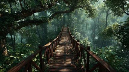 Fototapeta premium Wooden bridge through lush green rainforest canopy, misty atmosphere