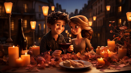 Adorable Animated Couple in Love at Candlelight Dinner