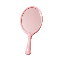 Elegant oval pink handheld mirror with ornate handle and reflective surface on a transparent background