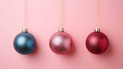 Three glittering christmas ornaments hung against a pale pink backdrop holiday decoration