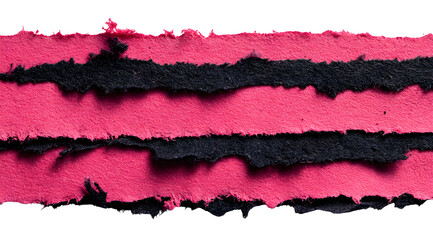 PINK paper, torn strips of textured black felt with frayed edges on a white background.