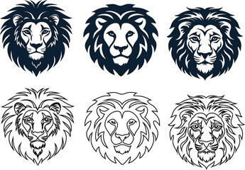 Strong lion head flat and line vector icon pack for branding, t-shirt prints, and tattoo art.