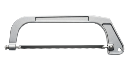 Silver metal hacksaw with black blade on transparent background