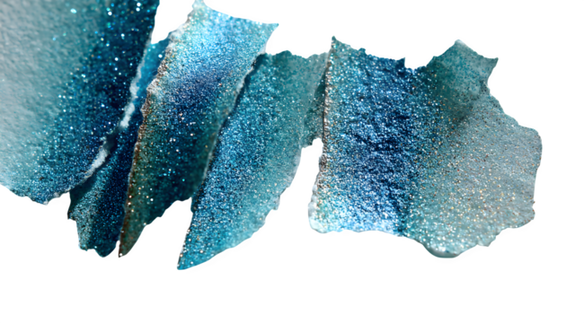 SKY BLUE paper, torn strips of icy blue glitter with cool shimmer on a white background.