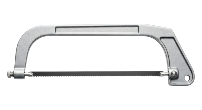 Silver metal hacksaw with black blade on transparent background