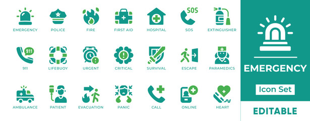 Emergency Icon Set. Features icons of ambulance, fire, alert, first aid, evacuation, medical help, and rescue. Perfect for healthcare, safety, and disaster response visuals.