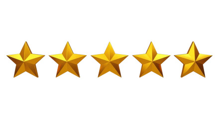 Five shiny golden stars on transparent background