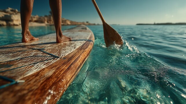 Person paddleboarding on clear turquoise water near coastline - Powered by Adobe