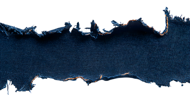 NAVY BLUE paper, torn strips of rugged denim with orange seam contrast on a white background.