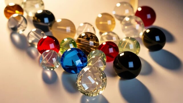 Colorful assortment of crystal balls and beads on a white surface creating abstract patterns of light and shadow.