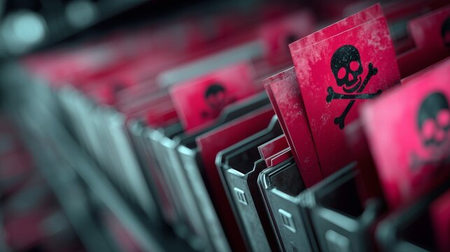 Filing cabinet with folders marked with skull and crossbones