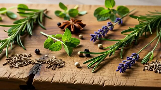 Close-up of herbs and spices including rosemary, lavender and cumin on wooden board.