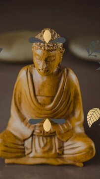 Animation of looping circles over leaves and stone around buddha statue