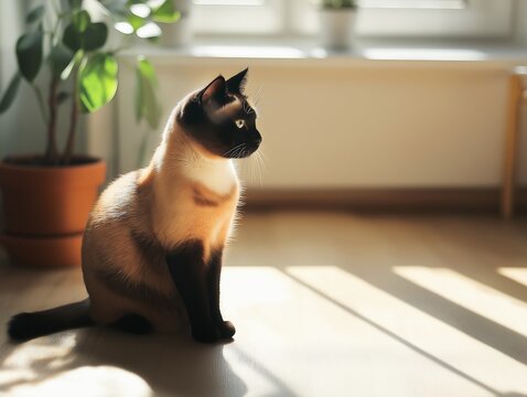 Siamese kitten sits on floor near indoor plants, soft natural light creates cozy atmosphere.