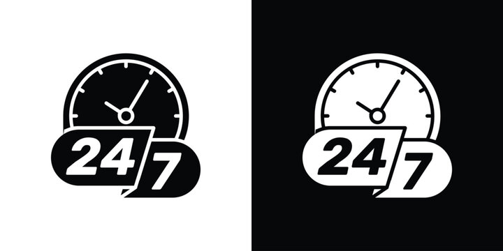 24 7 icon silhouette vector in black colors. flat symbol logo design style