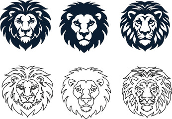  lion face icon set in flat and outline for safari brand logos and wild animal signs.