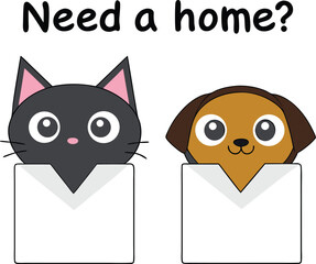 Obraz premium Adorable Cartoon Cat and Dog Seeking a Home Illustration With Playful Font and Cute Animal Characters Vector Illustration