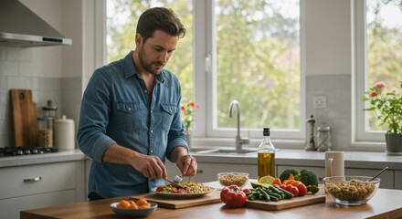 A man in a kitchen, attentively preparing a meal, with various ingredients displayed on the countertop.