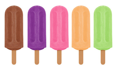 FRUIT POPSICLES IN FLAVOR, CHOCOLATE, GRAPE, STRAWBERRY, CAJÁ AND GREEN APPLE ON ISOLATED WHITE BACKGROUND