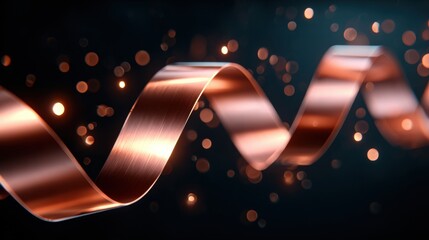 Floating metallic ribbons swirl amid shimmering bokeh lights on a dark background, evoking a festive celebration.
