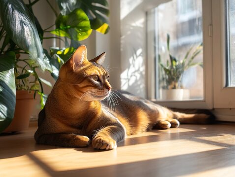 Abyssinian cat lies in sunlight near a window, surrounded by lush indoor plants and warm light.
