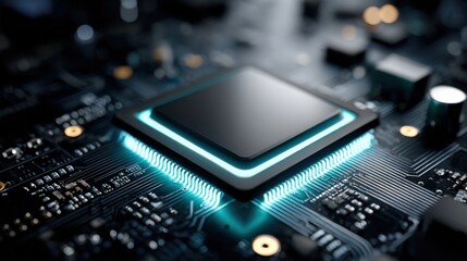 Luminous microchip on a complex circuit board, glowing with futuristic technology and innovation.