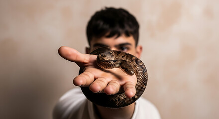 Fototapeta premium Young Man Gently Holding a Small Snake Reptile Handling and Conservation