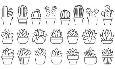 Cactus and Succulent Vector Collection, Hand-drawn Outline Potted Plants Illustration