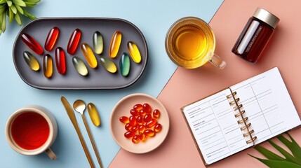 Flat lay of colorful vitamins supplements with tea and planner on pastel background