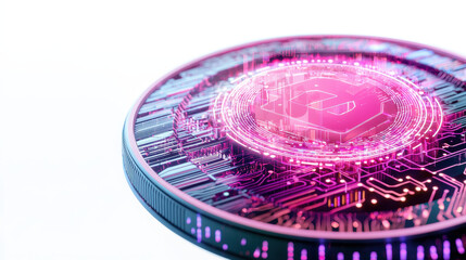 Obraz premium Digital coin with glowing design, featuring intricate circuit patterns and futuristic aesthetic, symbolizes innovation