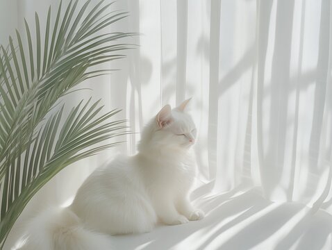 Fluffy white cat relaxing in a cozy stylish home interior with soft natural light and warm tones.