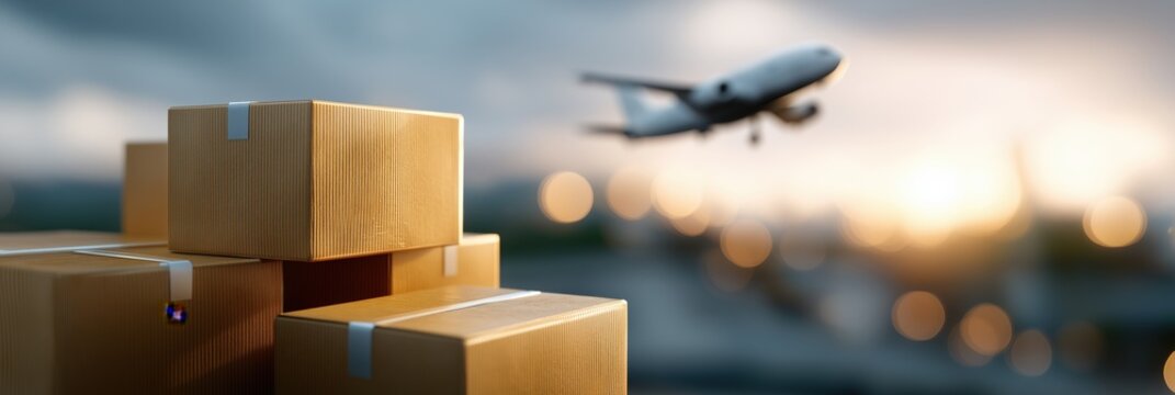 Air freight and shipping logistics with boxes and airplane at sunset - Powered by Adobe