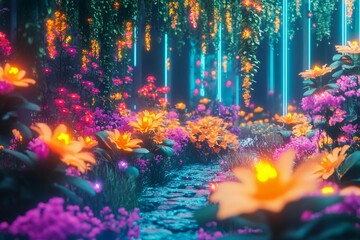 Neon-lit spring garden filled with glowing vibrant flowers