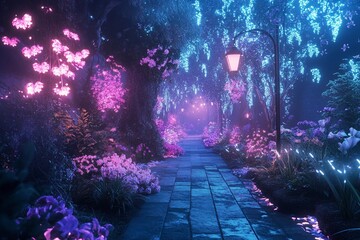 Neon-lit spring garden filled with glowing vibrant flowers
