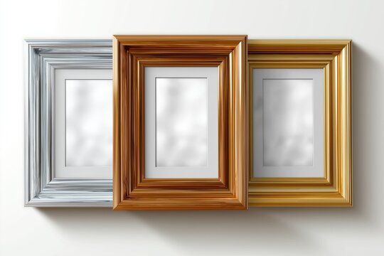 Three empty picture frames in silver, copper, and gold on white background