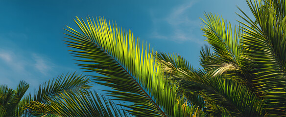 Fototapeta premium Palm Sunday concept: green palm tree leaves on natural sky