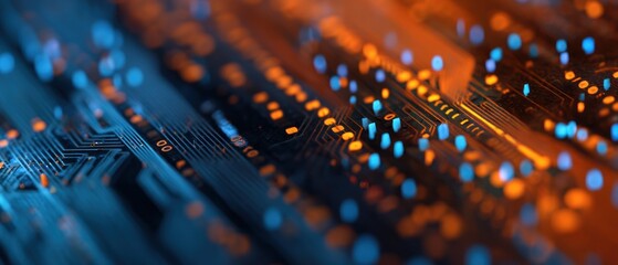 Abstract circuit board glowing blue and orange technology background