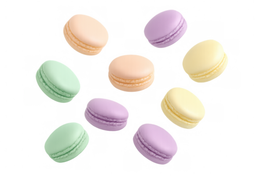 Pastel macarons floating weightlessly, displaying delicate pink, yellow, green, and purple hues on transparent surface