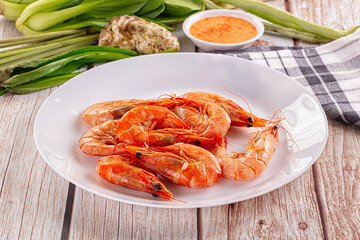 Delicous boiled tiger prawn with sauce