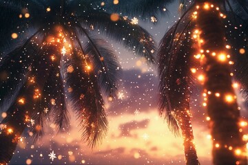 Christmas lights wrapped around coconut trees at night