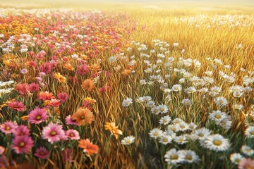 Golden sunlight shining over a vibrant flower-filled field