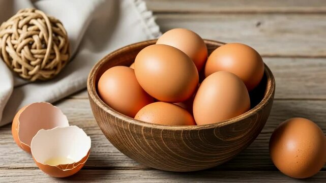 Brown eggs in wooden bowl with eggshell on rustic wood, food ingredients.