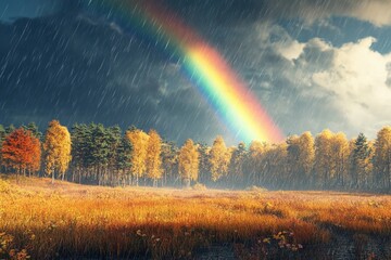 Rainbow forming over spring meadow during rainstorm