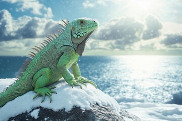 Snowy rock with iguana basking under strong sunlight
