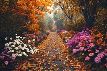 Flower-lined garden path beside towering tree trunks